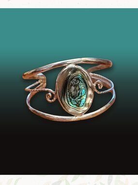 Vintage Silver and Oval Abalone Shell Alpaca Silver Mexico Cuff Bracelet